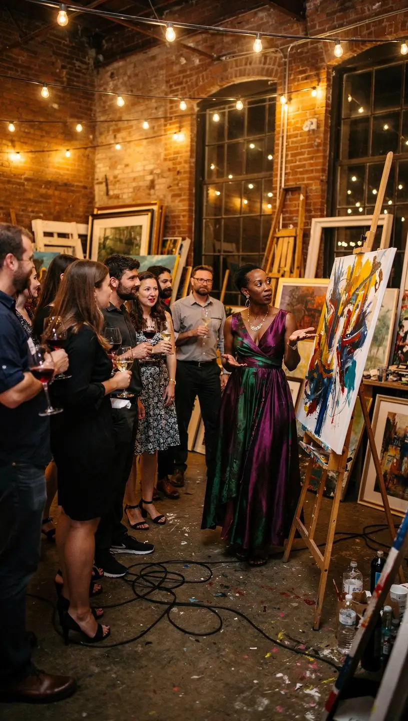 Collaborative art space with diverse artists painting together.